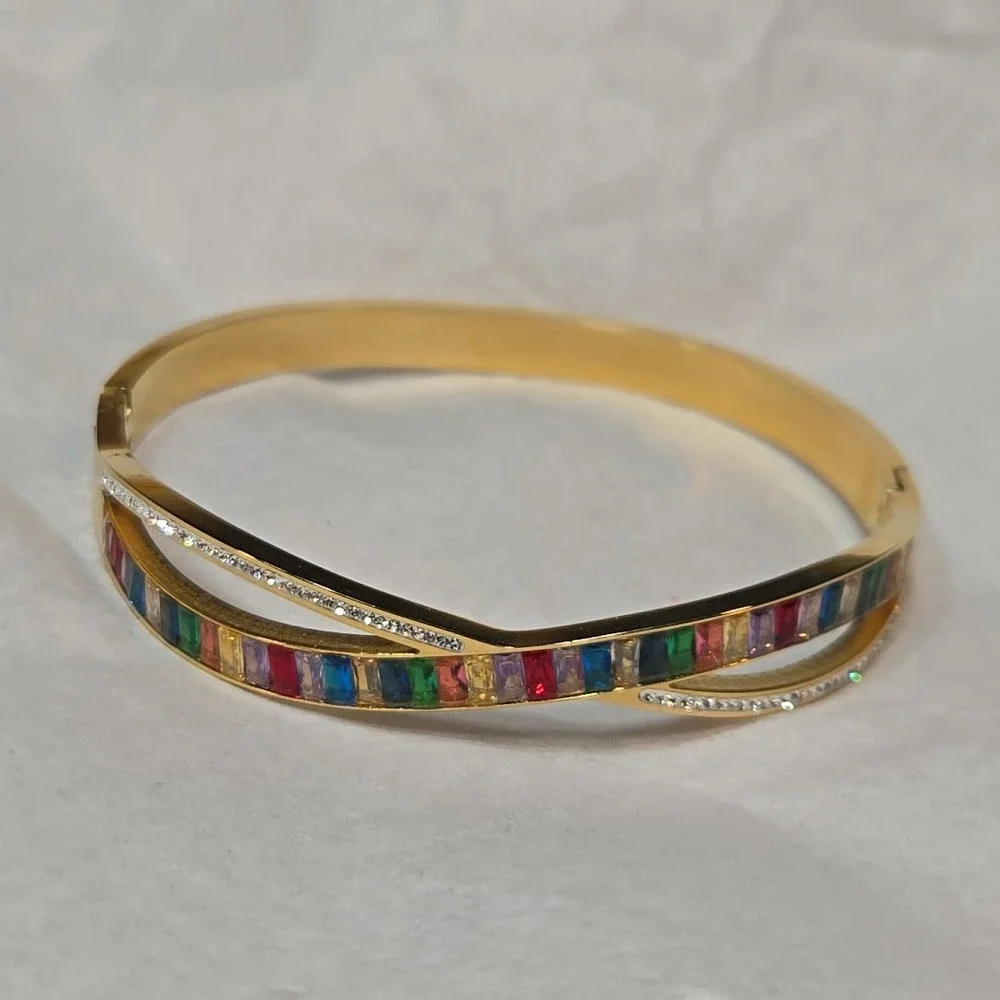 Costume Bracelet Rainbow CZ‎ Gold Tone Y2K Bangle Color Stones Alt Snap Bracelet